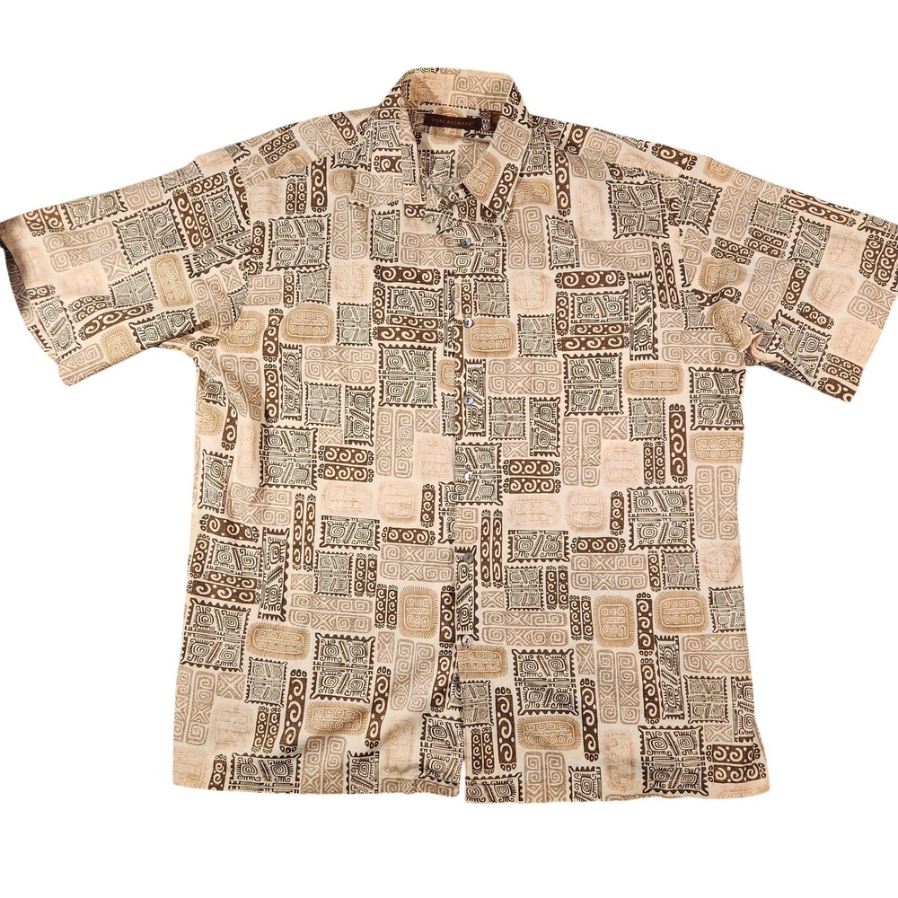 Tori Richard Shirt Mens Large Brown Tan Hawaiian Aloha Made USA Cotton Tribal